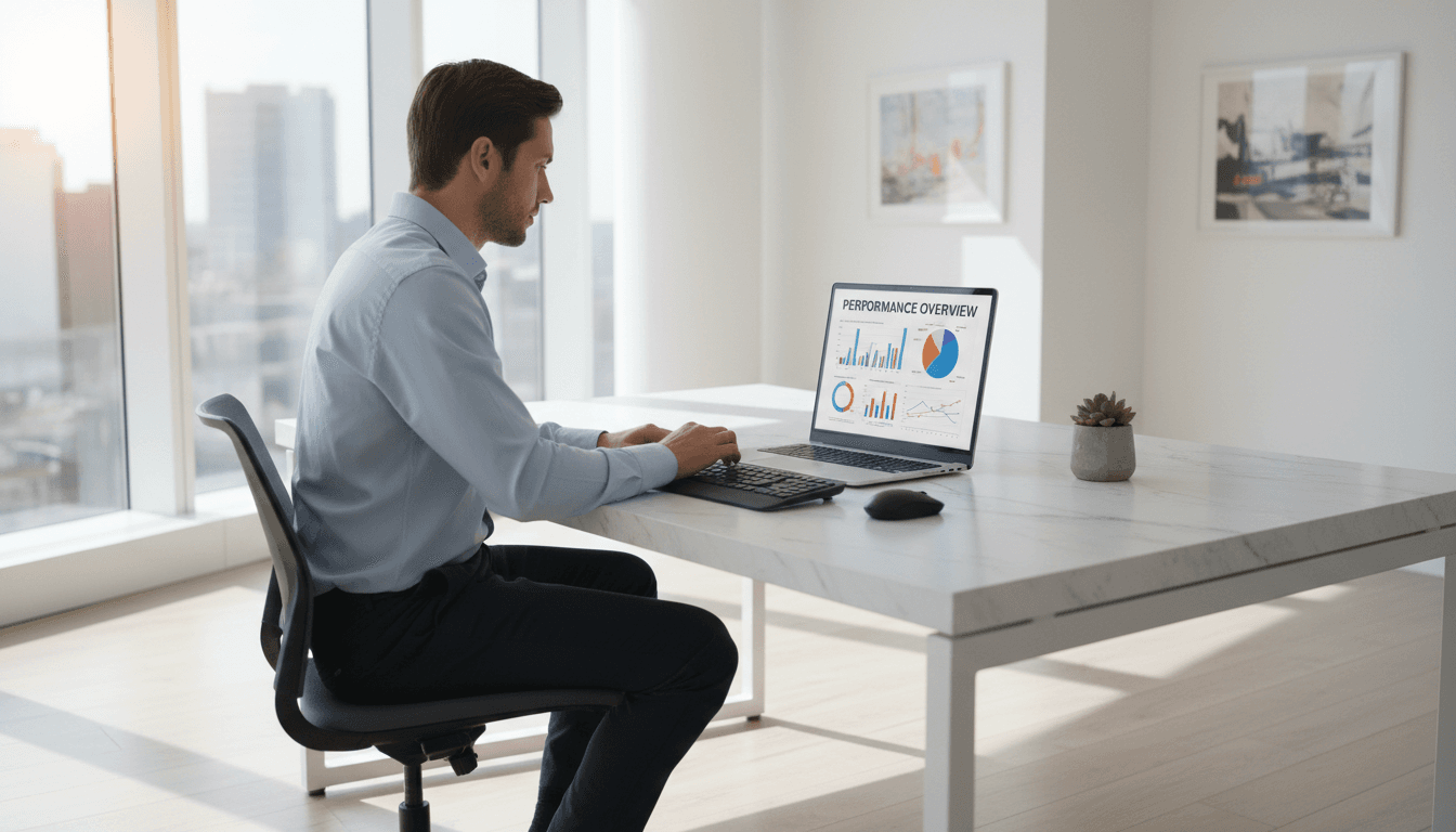 Person analyzing data charts on a laptop in a modern bright office