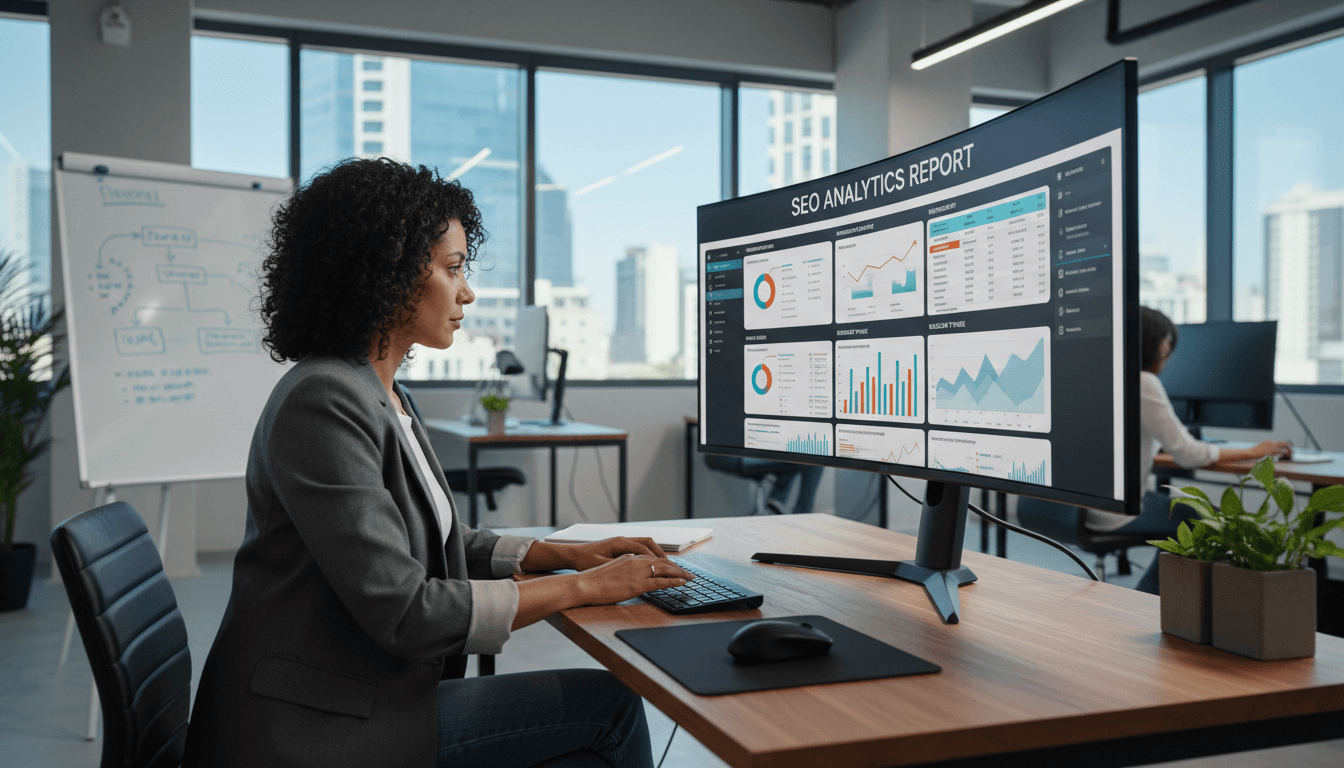 Digital marketing professional analyzing SEO data on a modern monitor