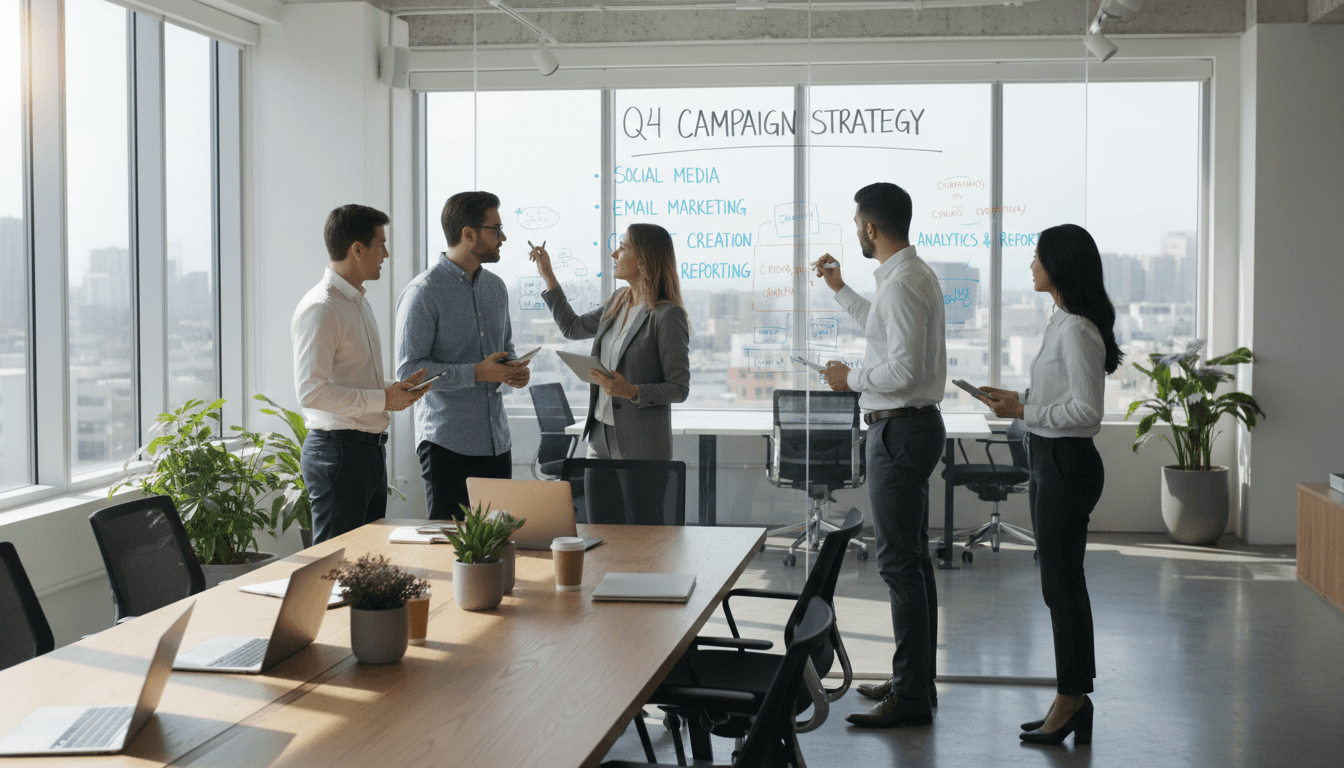 Marketing team collaborating around a whiteboard in a bright modern office